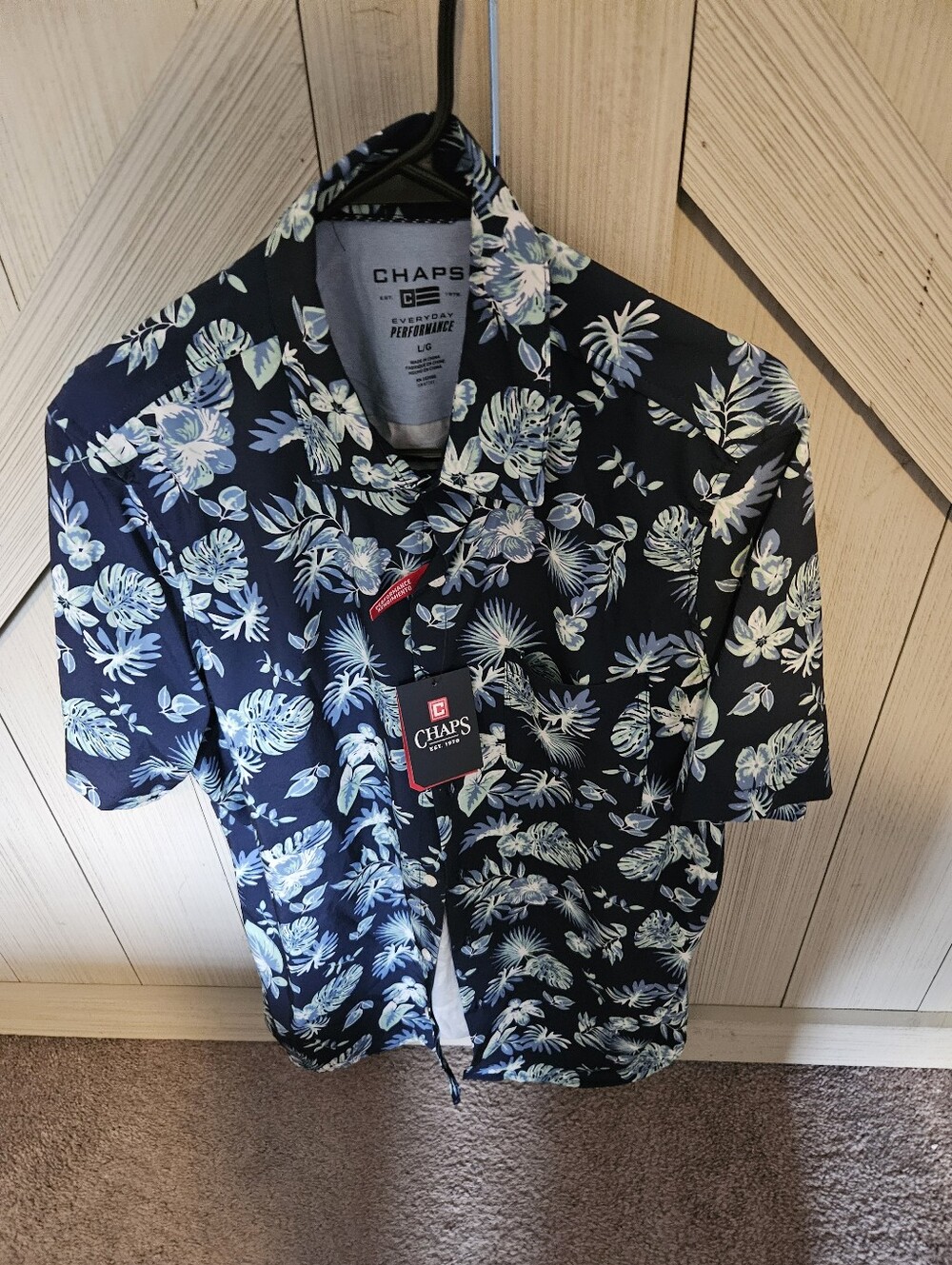 Chaps Navy and Light Blue Tropical Print Camp Shirt Nwt Sz L $30